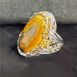 Tigers Eye Vermeil Gold and Silver Ring - size 8